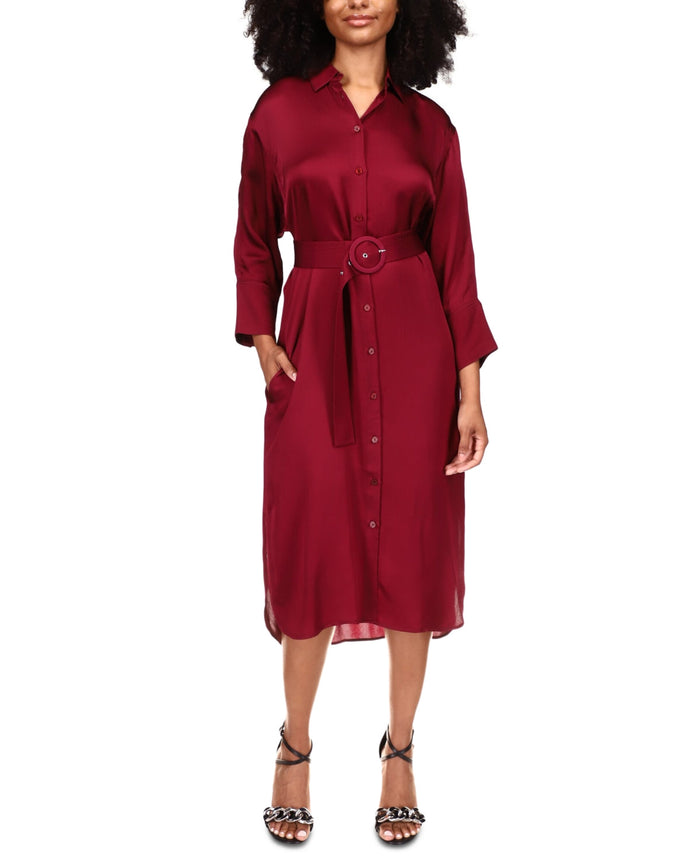 Michael Michael Kors Belted Shirtdress – Dark Ruby, Size XS by Vanessa Jane