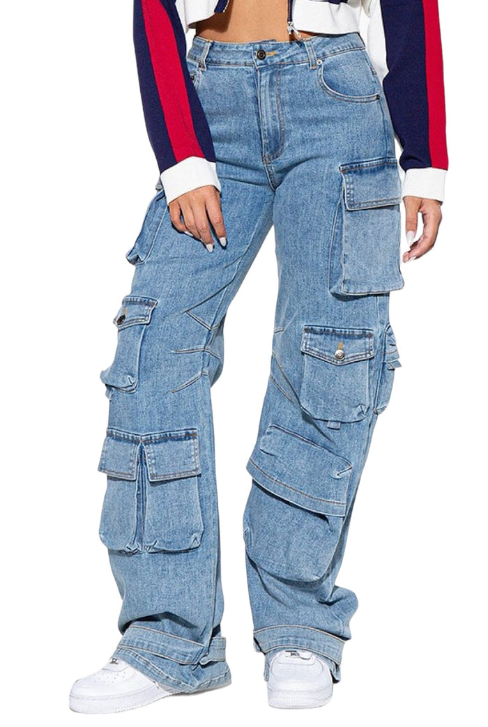 Multi Pocket Straight Legs Denim Cargo Jeans by The House of Stylez