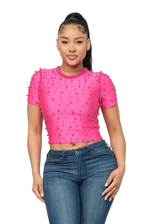 Front Pearls Embellished Detail Crop Top by The House of Stylez