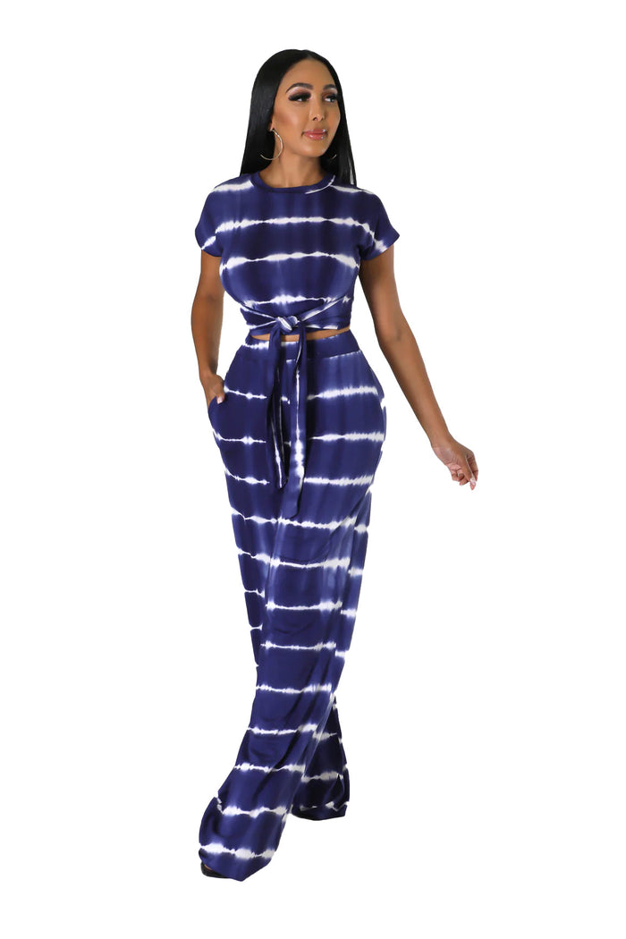 Two Piece Tie Dye Belted Crop Top Wide Leg Bottom Set {Tall Girl Friendly} by The House of Stylez