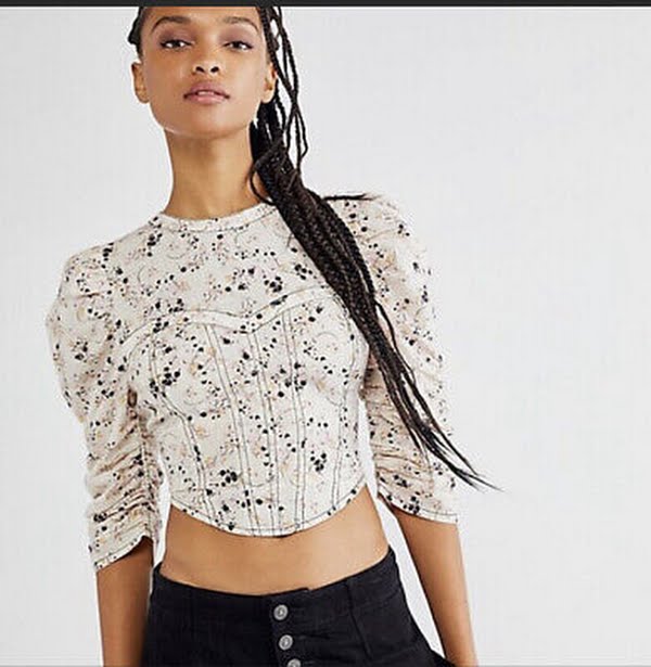 Free People Corset Style Puff Sleeve Floral Open Back Top, Beige, Size Large by Vanessa Jane