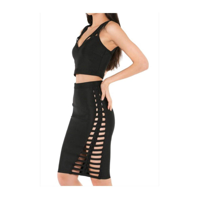 2pc Bandage Sleeveless V-Neck top w/ Braided Detail Skirt Set by The House of Stylez