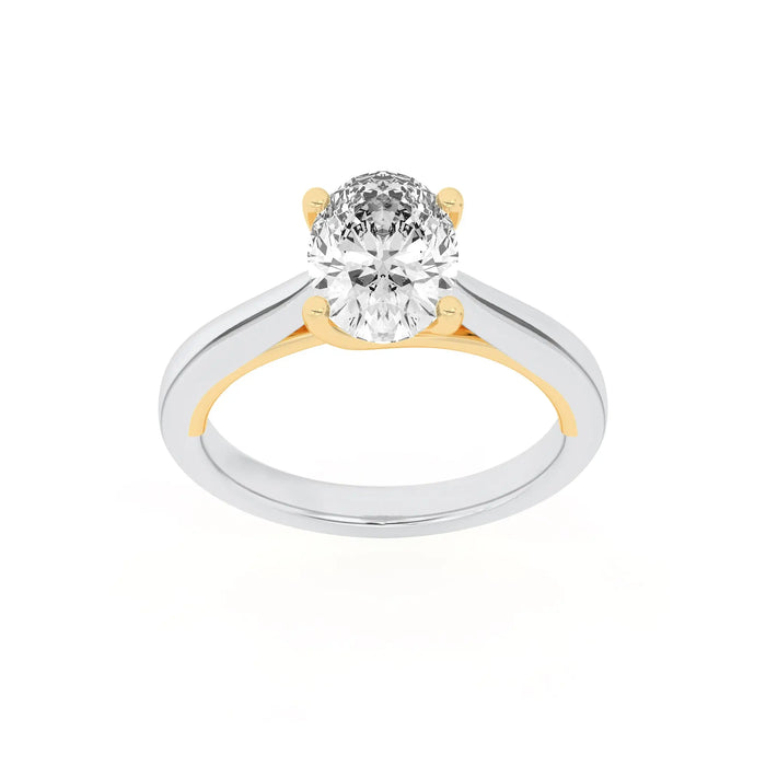 2Cttw Oval Shaped Lab Grown Diamond (F/VS) Two Tone Cathedral Shank Solitaire Engagement Ring in 14K Gold by Fine Color Jewels