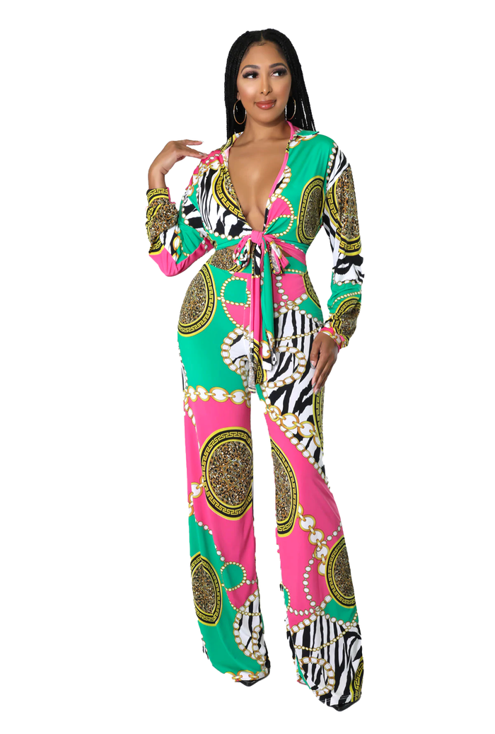 Two Piece Set: Green & Pink Palazzo Pants by The House of Stylez