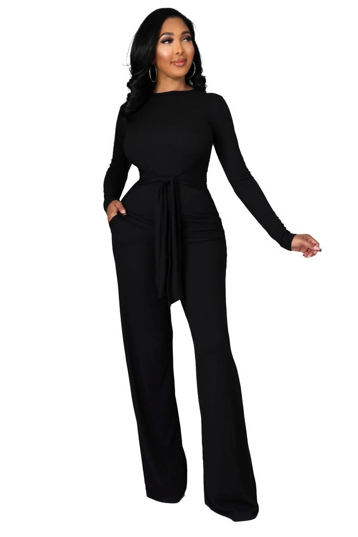 2 PC Ribbed Belted Top Wide Leg Bottom Set - Black by The House of Stylez