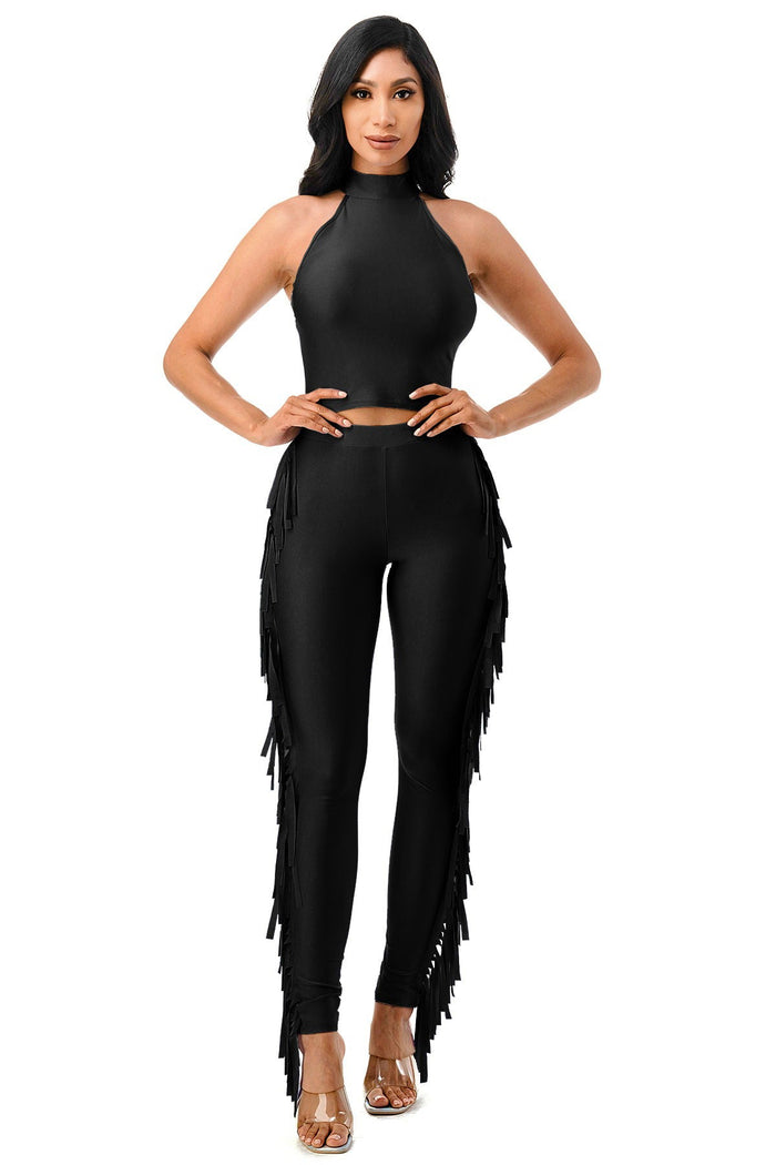 Mock Neck Sleeveless Crop Top & Side Fringe Pants Set by The House of Stylez