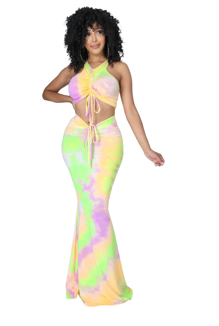 2 PC Ruched Neon Tie Dye Cropped Top Maxi Skirt Set by The House of Stylez