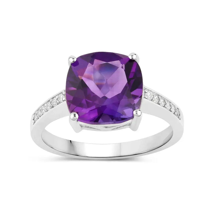 3.10 Ct Cushion Purple Amethyst and Lab Diamond Prong Silver Pave Bridge Ring by Fine Color Jewels