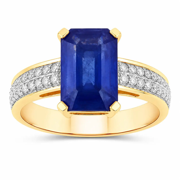 3.14 Ct Octagon Ceylon Blue Sapphire and White Diamond Prong 18K Yellow Gold Pave Bridge Ring by Fine Color Jewels