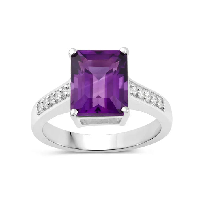 3.25 Ct Octagon Purple Amethyst and Lab Diamond Prong Silver Pave Bridge Ring by Fine Color Jewels