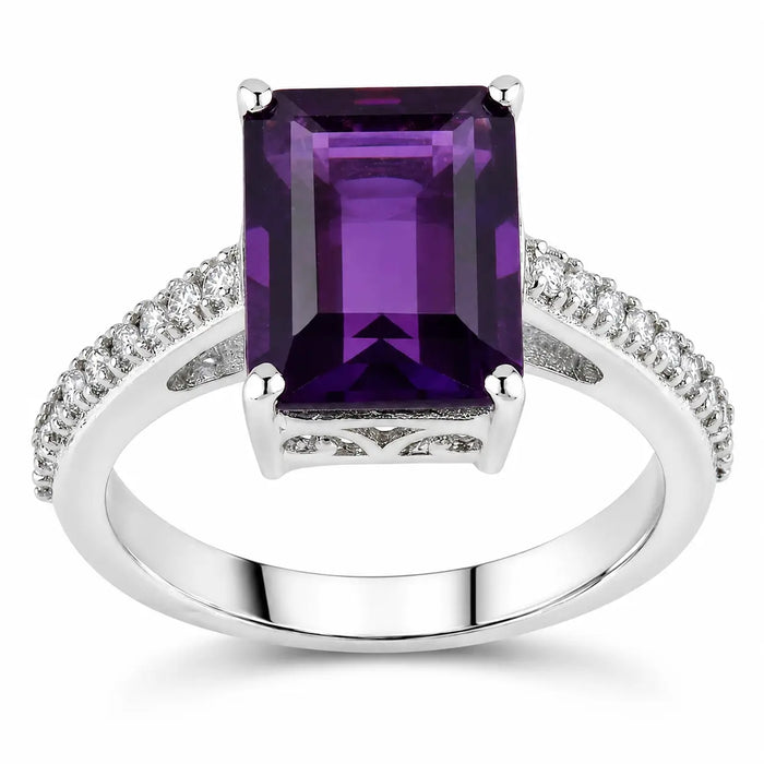 3.25 Ct Octagon Purple Amethyst and Lab Diamond Prong Silver Pave Bridge Ring by Fine Color Jewels