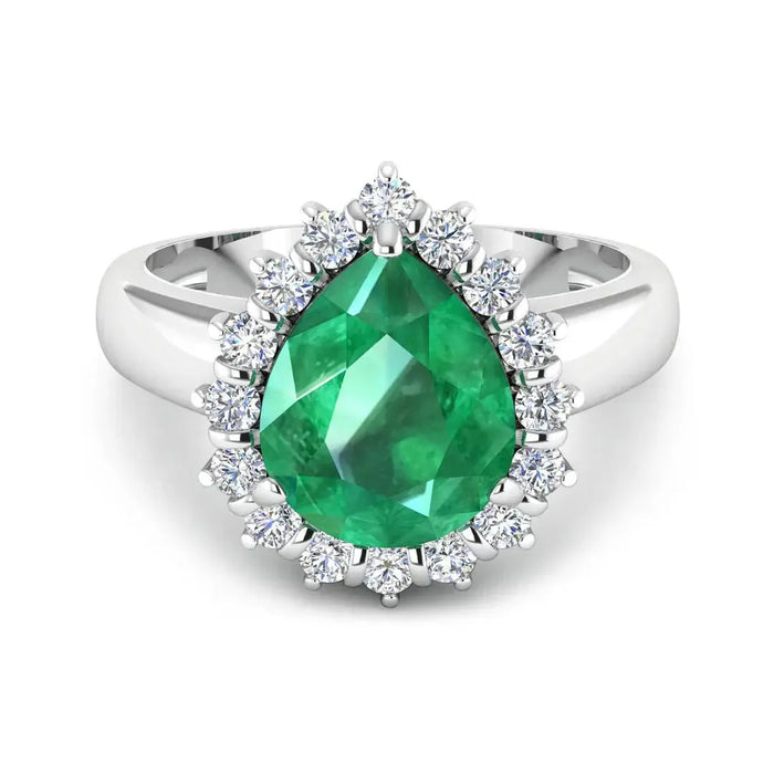 3.33 Ct Pear Green Zambian Emerald and White Diamond Prong 14k Gold Halo Statement Ring by Fine Color Jewels