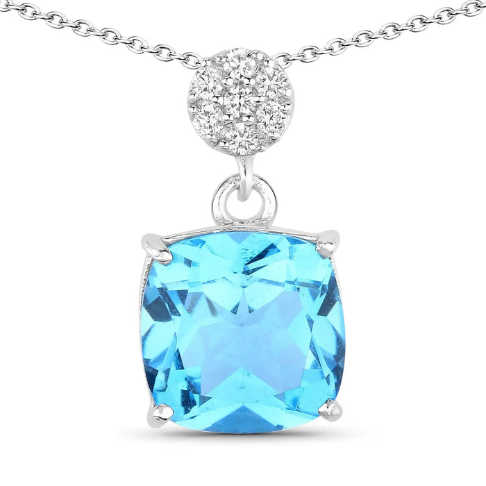 3.40 Ct Cushion Swiss Blue Topaz & Lab Diamond prong Silver Slide Pendant Necklace by Fine Color Jewels