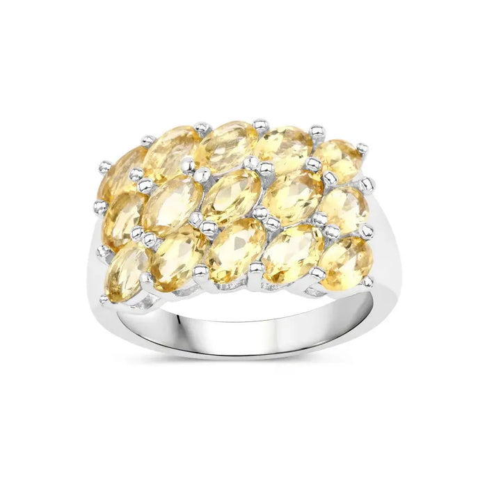 3.43 Ct Heart Yellow Citrine and White Topaz Prong Silver 3 Row Cluster Ring by Fine Color Jewels