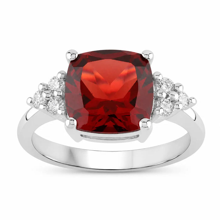 3.50 Ct Cushion Red Mozambique Garnet Lab Diamond Prong Silver Cocktail Ring by Fine Color Jewels