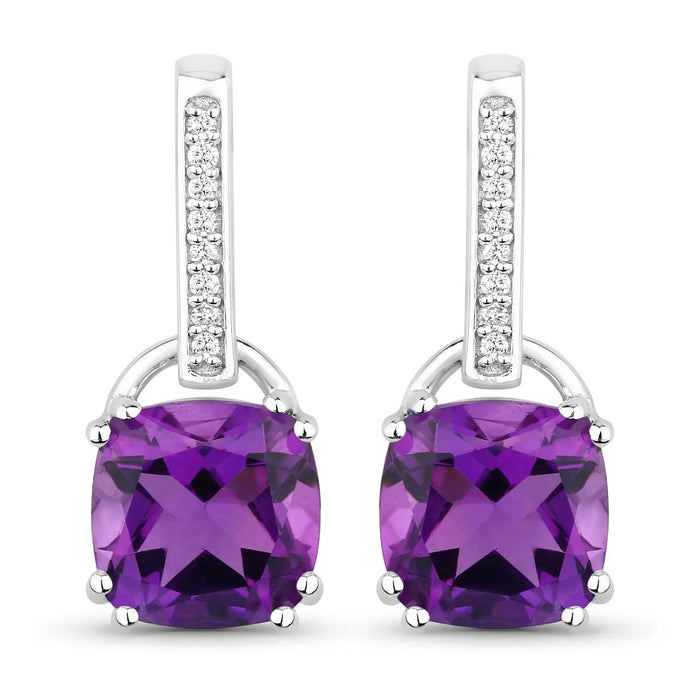 3.60 Ct Cushion Purple Amethyst & Lab Diamond Prong Silver Dangle Earrings by Fine Color Jewels