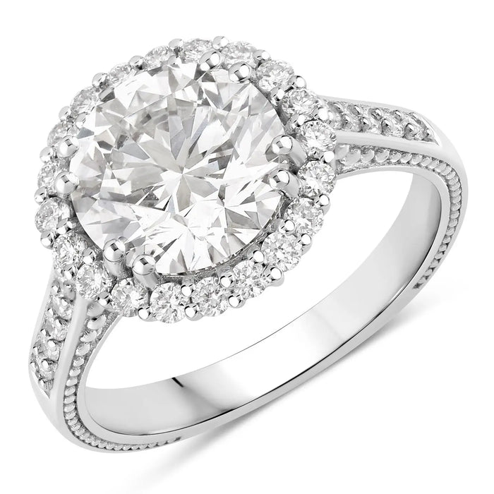 3.64 Ct Round Lab Diamond Prong Platinum Bridal Halo Pave Cathedral Ring by Fine Color Jewels