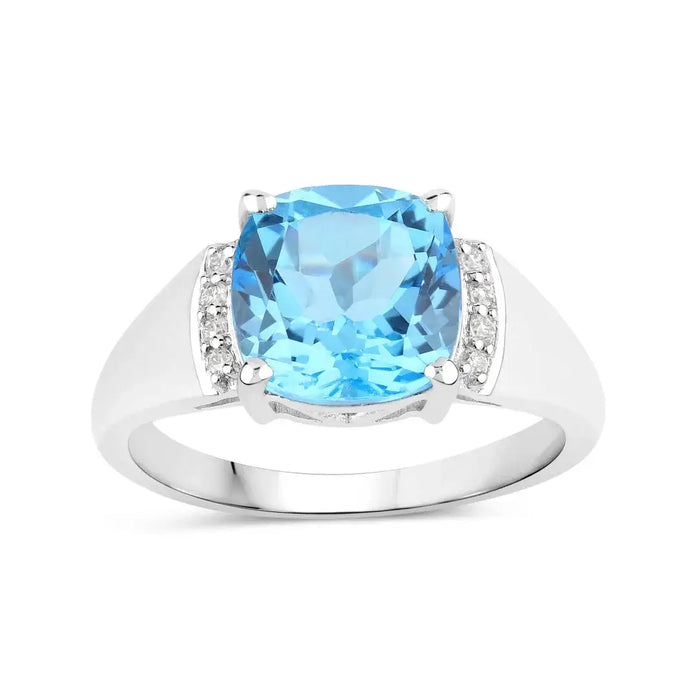 3.65 Ct Cushion Swiss Blue Topaz & Lab Diamond Prong Silver Cocktail Ring by Fine Color Jewels