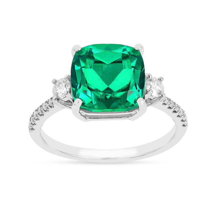 3.70 Ct Octagon Green Colombian Lab Created Emerald and Moissanite Prong Silver Three Stone Statement Ring by Fine Color Jewels