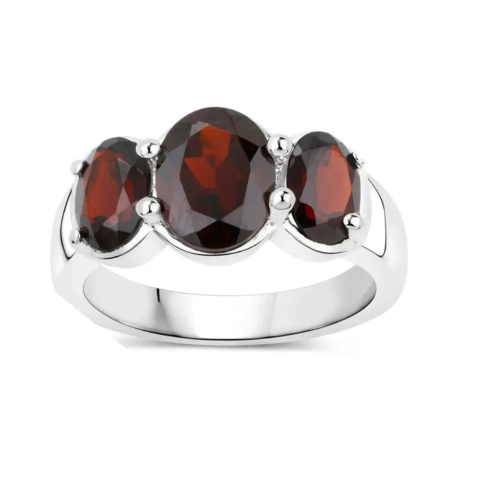 3.70 Ct Oval Red Garnet Prong Silver Three Stone Ring by Fine Color Jewels