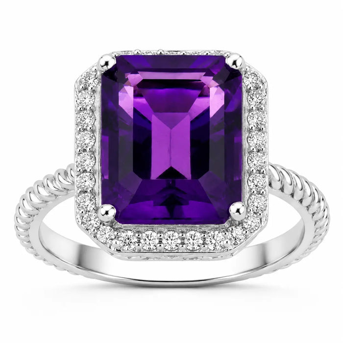 3.80 Ct Octagon Purple Amethyst and Lab Diamond Prong Silver Halo Ring by Fine Color Jewels