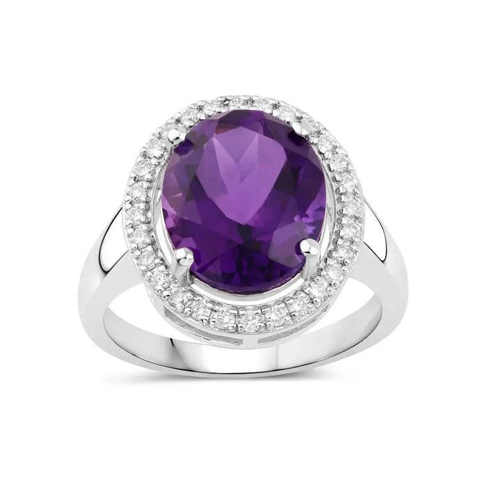 3.80 Ct Oval Purple Amethyst and Lab Diamond Prong Silver Halo Bridge Ring by Fine Color Jewels