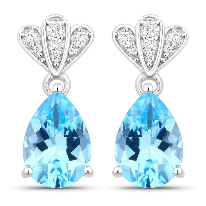 3.80 Ct Pear Swiss Blue Topaz & Lab Diamond Prong Silver Teardrop Dangle Earrings by Fine Color Jewels