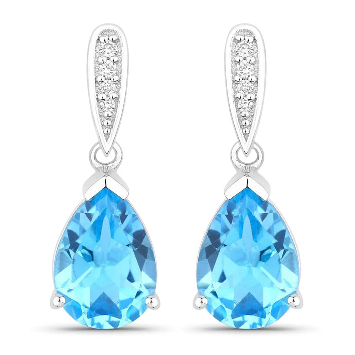 3.80 Ct Pear Swiss Blue Topaz & Lab Diamond V-Prong Silver Teardrop Dangle Earrings by Fine Color Jewels