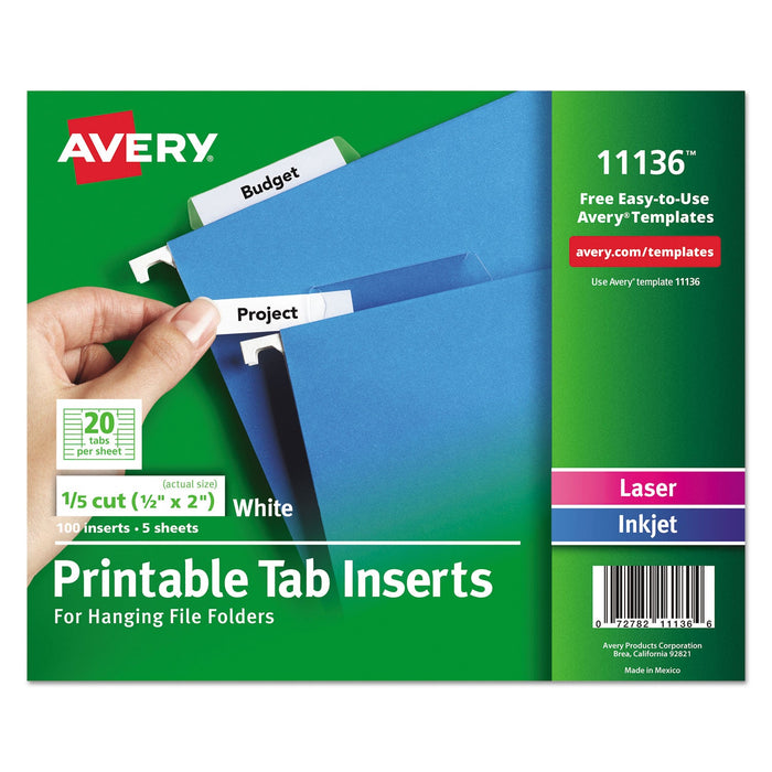 Avery Tabs Inserts For Hanging File Folders, 1/5-Cut, White, 2" Wide, 100/Pack