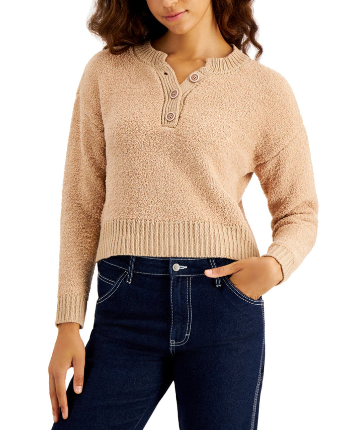 Hooked Up by IoT Juniors Teddy Knit Henley Sweater, Size Medium by Vanessa Jane