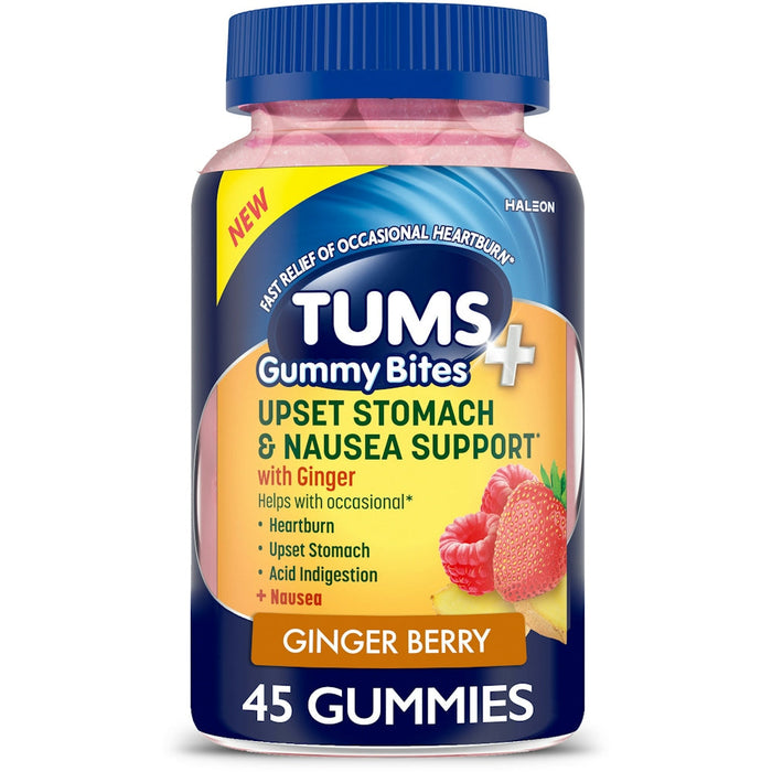 TUMS Gummy Bites + Upset Stomach & Nausea Support – Ginger Berry – 45 Count – Antacid Gummies by Pasteur Pharmacy
