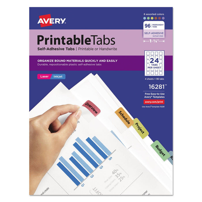 Avery Printable Plastic Tabs with Repositionable Adhesive, 1/5-Cut, Assorted Colors, 1.25" Wide, 96/Pack