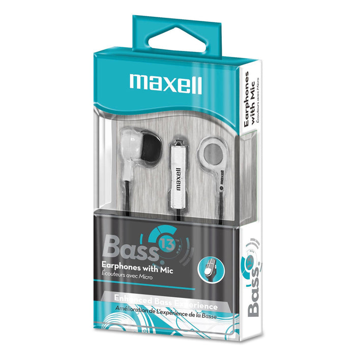 Maxell B-13 Bass Earbuds with Microphone, 52" Cord, White