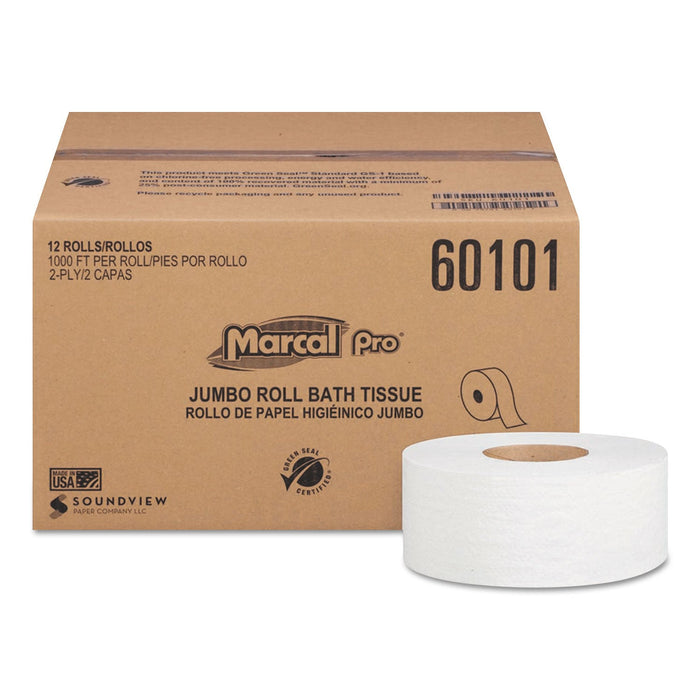 Marcal PRO 100% Recycled Bathroom Tissue, Septic Safe, 2-Ply, White, 3.3" x 1,000 ft, 12 Rolls/Carton