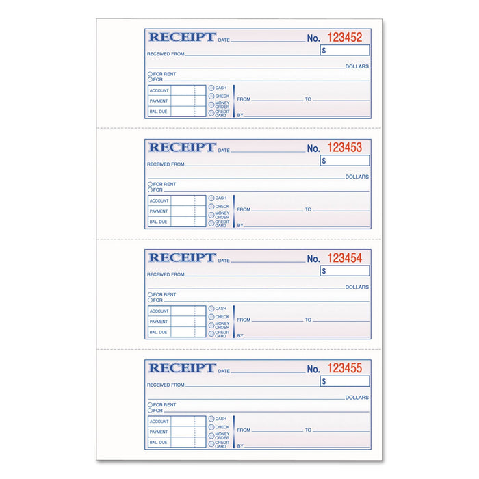 Adams TOPS 3-Part Hardbound Receipt Book, Three-Part Carbonless, 7 x 2.75, 4/Page, 200 Forms