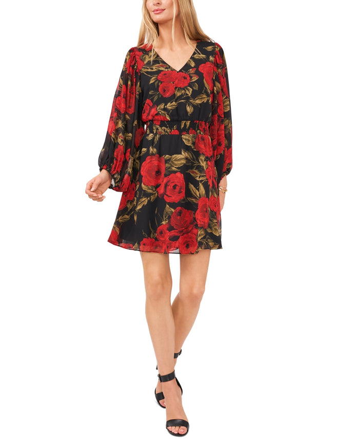 Vince Camuto Floral-Print V-Neck Smocked-Waist Dress, Size Small by Vanessa Jane
