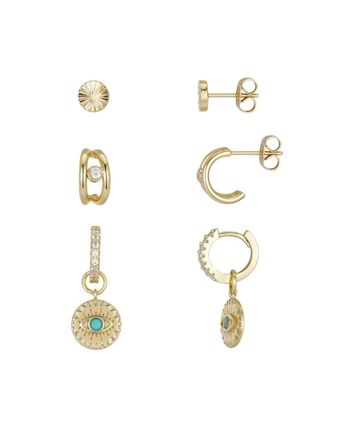 Unwritten14K Gold Flash-Plated 3-Pieces Genuine Crystal Evil Eye Earring Set by Vanessa Jane