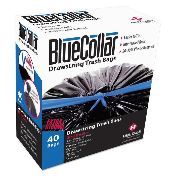 BlueCollar Drawstring Trash Bags, 30 gal, 1 mil, 30" x 34", Black, 40/Box