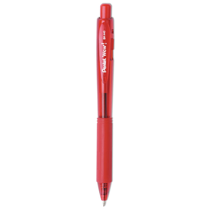 Pentel WOW! Ballpoint Pen, Retractable, Medium 1 mm, Red Ink, Red Barrel, Dozen