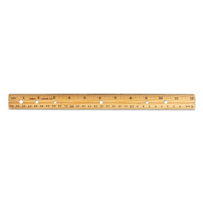 Charles Leonard Beveled Wood Ruler w/Single Metal Edge, 3-Hole Punched, Standard/Metric, 12" Long, Natural, 36/Box