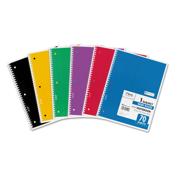 Mead Spiral Notebook, 1 Subject, Wide/Legal Rule, Assorted Covers, 10.5 x 8, 70 Sheets, 6/Pack
