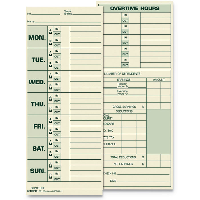 TOPS Time Clock Cards, Replacement for 331-10, Two Sides, 3.5 x 8.5, 500/Box