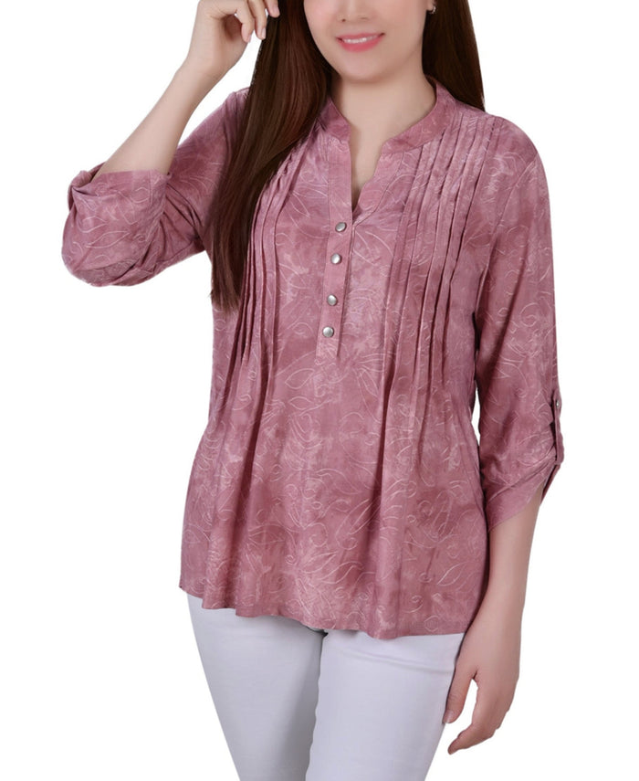 NY Collection Womens 3/4 Roll Tab Sleeve Y-neck Top by Vanessa Jane