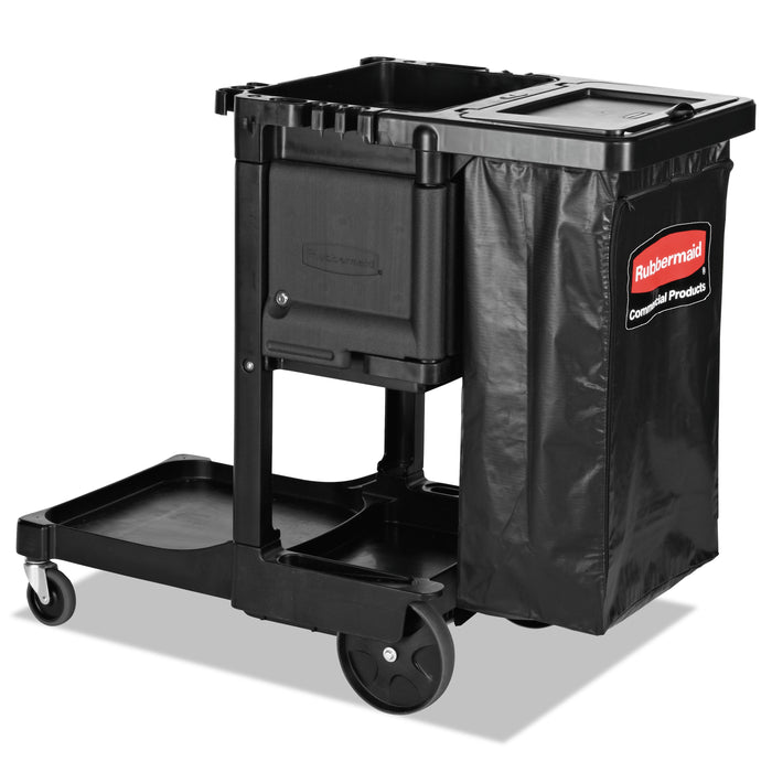 Rubbermaid Executive Janitorial Cleaning Cart, Plastic, 4 Shelves, 1 Bin, 12.1" x 22.4" x 23", Black