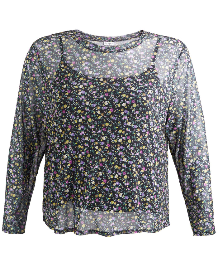 Love Fire Trendy Plus Size Long-Sleeved Printed Mesh Top by Vanessa Jane