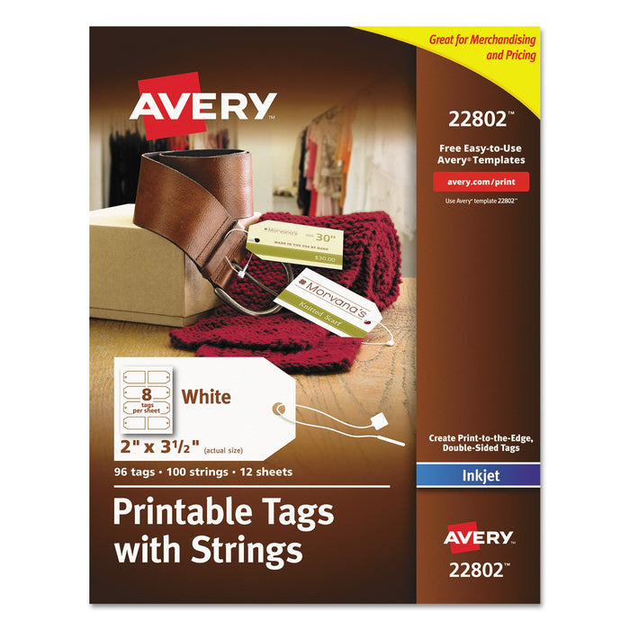 Avery Printable Rectangular Tags with Strings, 2 x 3.5, Matte White, 96/Pack