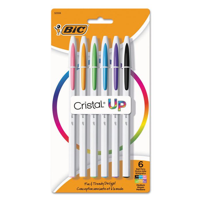 BIC Cristal Up Ballpoint Pen, Stick, Medium 1.2 mm, Assorted Ink Colors, White Barrel, 6/Pack
