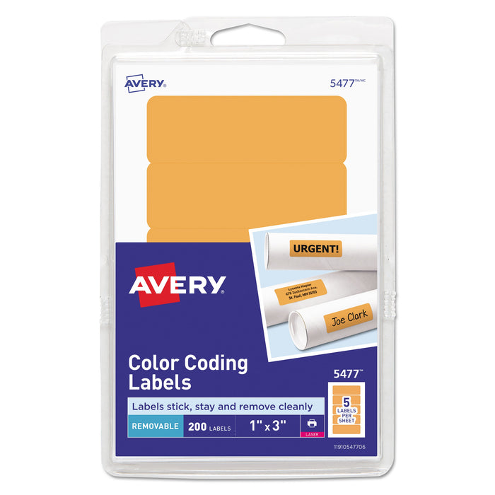 Avery Printable Self-Adhesive Removable Color-Coding Labels, 1 x 3, Neon Orange, 5/Sheet, 40 Sheets/Pack, (5477)
