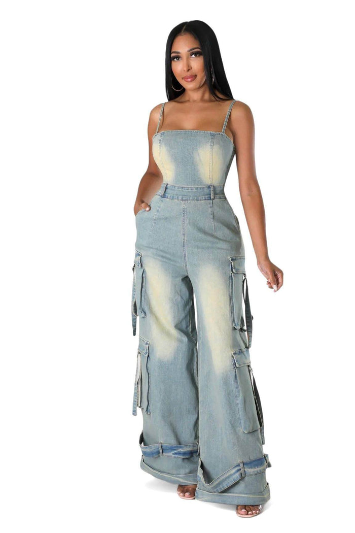 Dirty Wash Denim Jean Cargo Jumpsuit by The House of Stylez