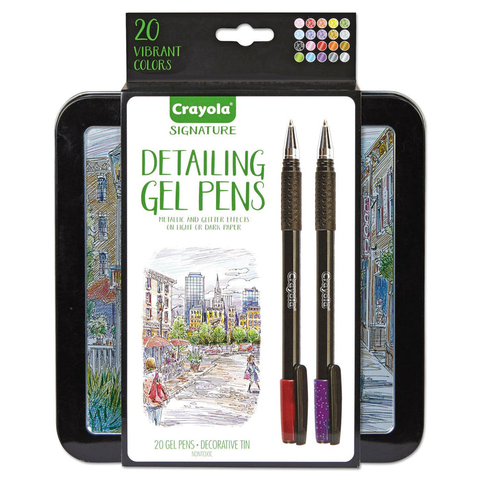 Crayola Detailing Gel Pen, Stick, Medium 1 mm, Assorted Ink Colors, Black Barrel, 20/Pack